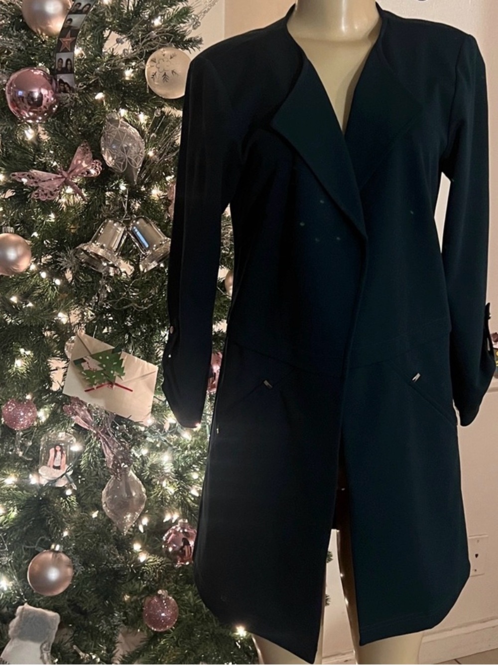 Womens Dark Blue Open-Front Long Blazer Coat